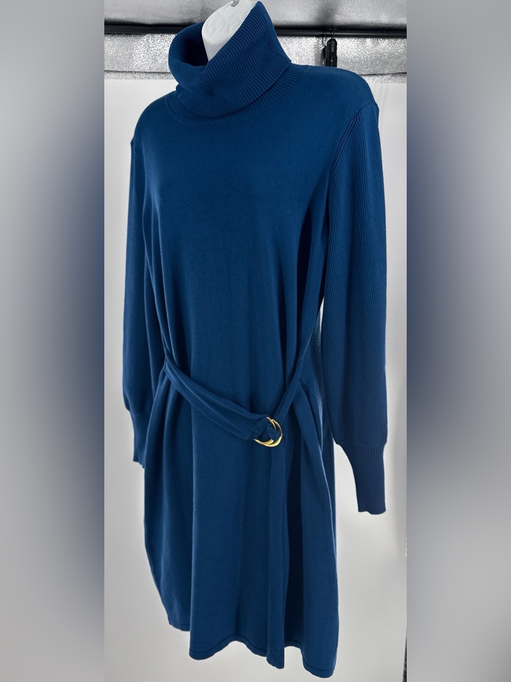 Donna Ricco Navy Blue Turtleneck Knit Long-Sleeve Dress with Belt